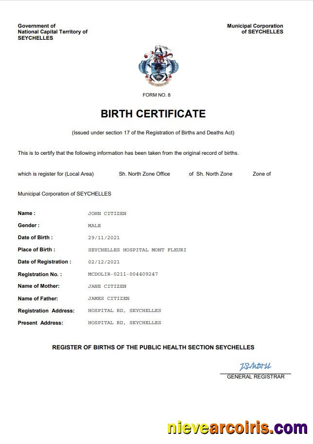 Seychelles vital record birth certificate